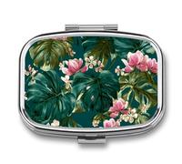 Pastillero portátil de 2 compartimentos con diseño de hojas de Monstera en acuarela y flores rosadas, organizador de píldoras de viaje para bolso de bolsillo
