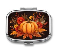 Pastillero portátil de 2 compartimentos con diseño de hojas de otoño y calabaza, color naranja, organizador de pastillas de viaje para bolso de bolsillo