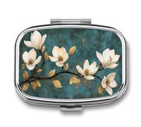 Pastillero portátil de 2 compartimentos con diseño de magnolia blanca, hojas doradas y marrones, organizador de pastillas de viaje para bolso de bolsillo