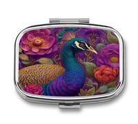 Pastillero portátil de 2 compartimentos con diseño de pavo real y flores de colores vibrantes, organizador de píldoras de viaje para bolso de bolsillo