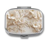 Pastillero portátil de 2 compartimentos con flores blancas en ramas de árbol, organizador de pastillas de viaje para bolso de bolsillo