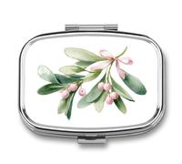 Pastillero portátil de 2 compartimentos con hojas verdes suaves y rosas pastel, pastillero de viaje para bolso de bolsillo