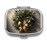 Pastillero portátil de 2 compartimentos para medicina con diseño de corona de hojas verdes, organizador de pastillas de viaje para bolso de bolsillo