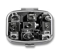 Pastillero portátil de viaje cuadrado con dos compartimentos, colección de cámaras retro, con compartimentos para guardar vitaminas y medicamentos de bolsillo, ideal para la oficina y el hogar.