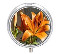 Pastillero Portátil Flores De Lirio Naranja Florecen Pastillero Con 3 Rejillas, Con Espejo Redondo, Distribuidor De Metal A De Humedad, Caja De Almacenamiento, Regalo Único