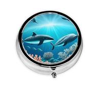 Pastillero portátil, mini pastillero redondo con ballenas bajo el mar, se puede poner en la cartera, bolsillo, ligero y práctico pastillero de 3 compartimentos