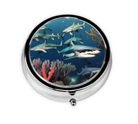 Pastillero portátil, mini pastillero redondo con diseño de tiburones bajo el mar, se puede poner en la cartera, bolsillo, ligero y práctico pastillero de 3 compartimentos