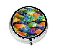 Pastillero portátil, mini pastillero redondo con escamas de peces arcoíris, se puede poner en la cartera, bolsillo, ligero y práctico pastillero de 3 compartimentos