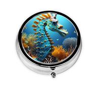 Pastillero portátil, mini pastillero redondo con forma de caballito de mar azul, se puede poner en la cartera, en el bolsillo, ligero y cómodo pastillero con 3 compartimentos