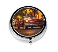 Pastillero portátil, mini pastillero redondo con forma de coche vintage clásico, se puede poner en la cartera, bolsillo, ligero y cómodo pastillero con 3 compartimentos