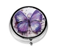 Pastillero portátil, mini pastillero redondo con mariposa y pintura al óleo morada, se puede poner en la cartera, bolsillo, ligero y cómodo pastillero de 3 compartimentos