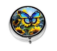 Pastillero portátil, mini pastillero redondo de mariposa azul girasol, se puede poner en la cartera, bolsillo, ligero y práctico pastillero de 3 compartimentos