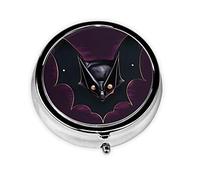 Pastillero portátil, mini pastillero redondo de murciélago fantasma negro, se puede poner en la cartera, bolsillo, ligero y práctico pastillero de 3 compartimentos