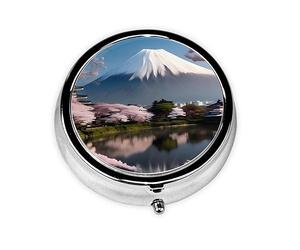 Pastillero portátil, monte Fuji a principios de primavera, mini pastillero redondo, se puede poner en la cartera, bolsillo, ligero y práctico pastillero de 3 compartimentos