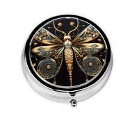 Pastillero portátil para llevar, diseño de libélula dorada delicada sobre fondo negro, cabe en el bolsillo de tu bolso, pastillero ligero de 3 compartimentos,