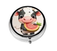 Pastillero portátil para llevar, pastillero redondo de vaca pequeña comiendo sandía, cabe en el bolsillo de tu bolso, pastillero ligero de 3 compartimentos,