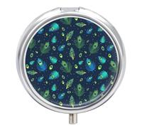 Pastillero Portátil Pluma De Pavo Real Azul Pastillero Con 3 Rejillas, Con Espejo Redondo, Distribuidor De Metal A De Humedad, Caja De Almacenamiento, Regalo Único