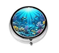 Pastillero portátil Submarine Coral Rays, pastillero de 3 compartimentos, se puede poner en la cartera, bolsillo, ligero y cómodo, mini pastillero redondo