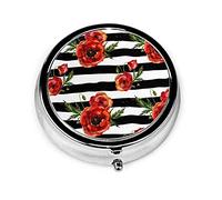 Pastillero Rayas negras Flores rojas de amapola Pastillero para monedero Lindo organizador de pastillas de forma redonda de viaje pequeño