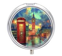 Pastillero Redondo Cabina Telefónica Roja Y Big Ben Paisaje Nocturno De Londres Pastillero Portátil Organizador Vitaminas Contenedor Con 3 Compartimentos