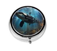 Pastillero redondo con 3 compartimentos, organizador portátil de medicamentos, pastilleros, enorme impresión de ballenas asesinas