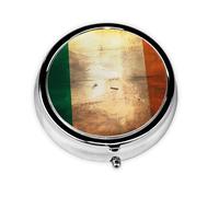 Pastillero redondo con bandera irlandesa retro, ligero y portátil, con 3 insertos de plástico, adecuado para llevar en bolsillos o carteras.