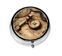 Pastillero redondo con brújula y mapa del mundo antiguo, bonito pastillero pequeño, mini pastillero, pastillero redondo de metal, pastillero de viaje