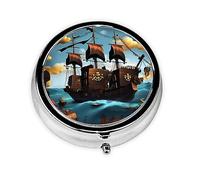 Pastillero redondo con diseño de barco pirata de dibujos animados, se puede poner en la cartera, bolsillo, ligero y cómodo, pastillero de 3 compartimentos, pastillero portátil