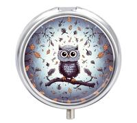 Pastillero redondo con diseño de búho, con ramas de árbol, portátil, organizador de vitaminas para bolsillo