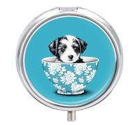 Pastillero redondo con diseño de cachorro en taza, portátil, organizador de vitaminas para bolsillo