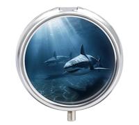 Pastillero redondo con diseño de dos tiburones en el pastillero portátil, organizador de vitaminas para bolsillo