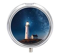 Pastillero redondo con diseño de faro bajo la noche estrellada, portátil, organizador de vitaminas para bolsillo