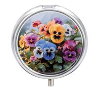 Pastillero redondo con diseño de flores de pensamiento, lindo y pequeño aceite de pescado, portátil, 3 compartimentos, pastillero redondo con espejo para vitaminas, medicamentos, suplementos, regalo