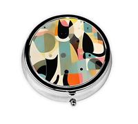 Pastillero redondo con diseño de gato de arte moderno de mediados de siglo. Organizador portátil de medicamentos diarios, diseño fácil de transportar.