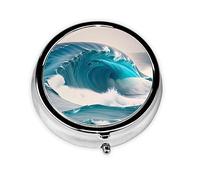 Pastillero redondo con diseño de olas de mar azul de dibujos animados, se puede poner en la cartera, bolsillo, ligero y cómodo, pastillero de 3 compartimentos, pastillero portátil