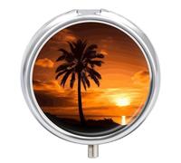 Pastillero redondo con diseño de palmera y puesta de sol, portátil, organizador de vitaminas para bolsillo