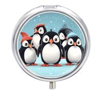 Pastillero redondo con diseño de pingüinos, portátil, organizador de vitaminas para bolsillo