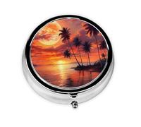 Pastillero redondo con diseño de puesta de sol tropical, organizador de viaje de metal ecológico con 3 compartimentos para el hogar, oficina, viajes, medicina