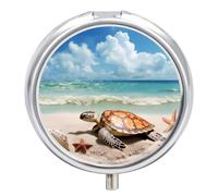 Pastillero redondo con diseño de tortuga marina y estrella de mar, portátil, organizador de vitaminas para bolsillo