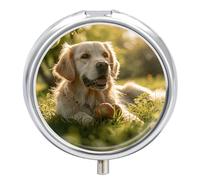 Pastillero redondo con espejo, organizador de píldoras de 3 compartimentos, portátil, pequeño, pastillero semanal para perro sentado en la hierba, estuche para bolso, bolsillo, viajes, vitaminas