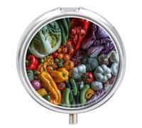 Pastillero redondo con espejo, organizador de píldoras de 3 compartimentos, portátil, pequeño, semanal, colorido, patrón de verduras, estuche para bolso, bolsillo, viajes, vitaminas, suplementos