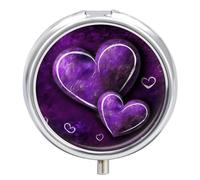 Pastillero redondo con espejo, organizador de píldoras de 3 compartimentos, portátil, pequeño, semanal, corazones, morados, para bolso, bolsillo, viajes, vitaminas, suplementos