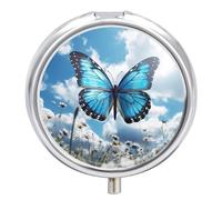 Pastillero redondo con espejo, organizador de píldoras de 3 compartimentos, portátil, pequeño, semanal, mariposa azul y nubes, estuche médico para bolso, bolsillo, viajes, vitaminas, suplementos