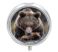 Pastillero redondo con espejo, organizador de píldoras de 3 compartimentos, portátil, pequeño, semanal, oso, come pescado, medecina, para bolso, bolsillo, viajes, vitaminas, suplementos