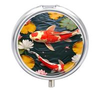 Pastillero redondo con espejo, organizador de píldoras de 3 compartimentos, portátil, pequeño, semanal, rojo, carpa, peces, medecine para bolso, bolsillo, viajes, vitaminas, suplementos