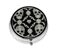 Pastillero redondo con estampado de calavera y flores, pastillero portátil, organizador de medicamentos de viaje