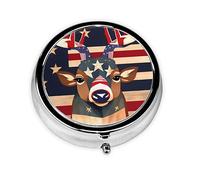 Pastillero redondo con estampado de ciervo con bandera de Estados Unidos, pastillero portátil, organizador de medicamentos de viaje