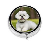 Pastillero redondo con estampado de perro Bichon Frise, pastillero portátil, organizador de medicamentos de viaje
