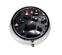 Pastillero redondo con forma de corazón misterioso negro y pastillero redondo de 3 compartimentos, para bolso o bolsillo, pastillero portátil de viaje