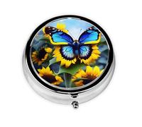 Pastillero redondo con forma de mariposa azul girasol y pastillero redondo de 3 compartimentos, para bolso o bolsillo, pastillero de viaje portátil